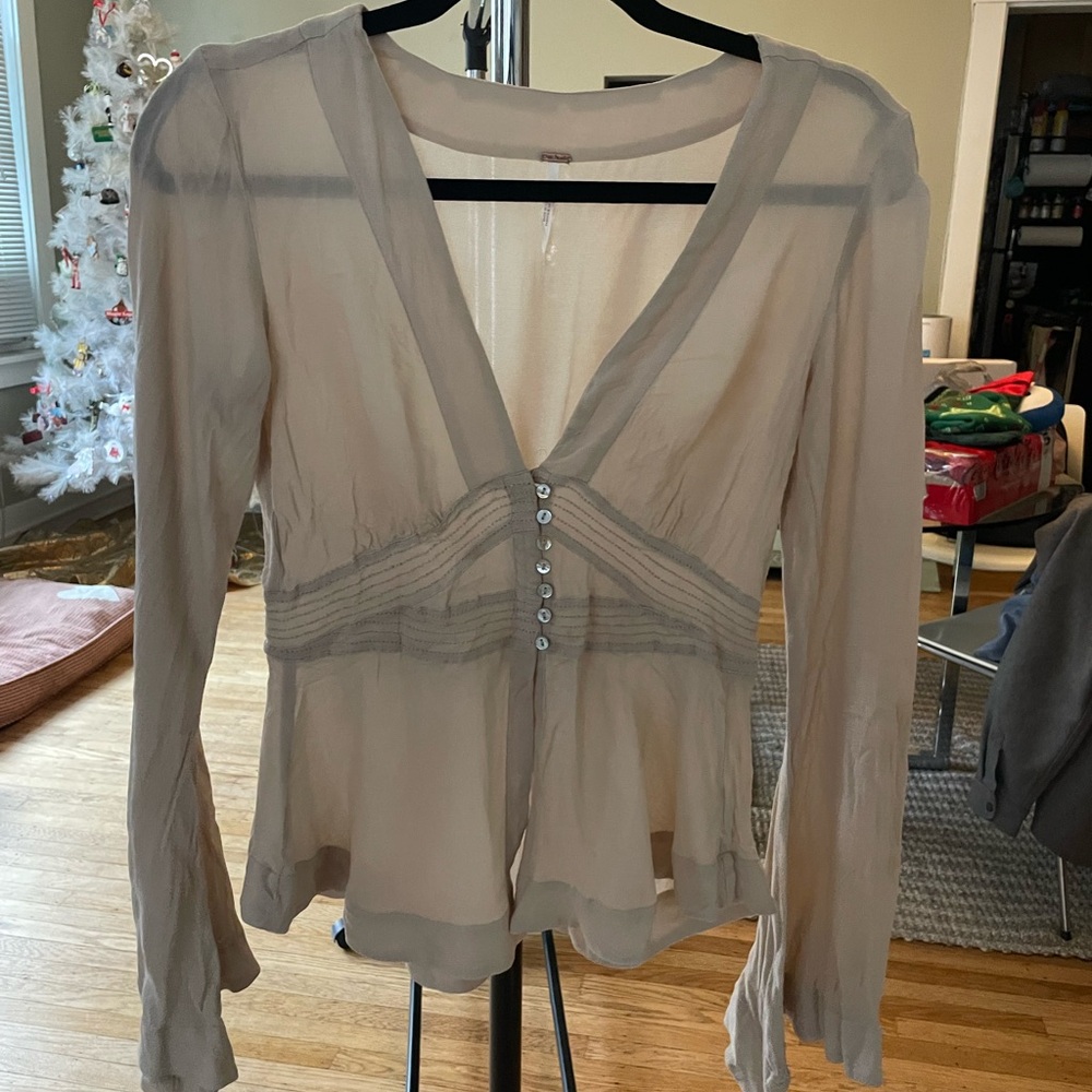 Free People Sheer Cream Button-Down Blouse